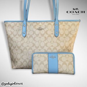 AUTHENTICATED Coach City Zip Cornflower Coated Canvas Tote & Matching Wallet